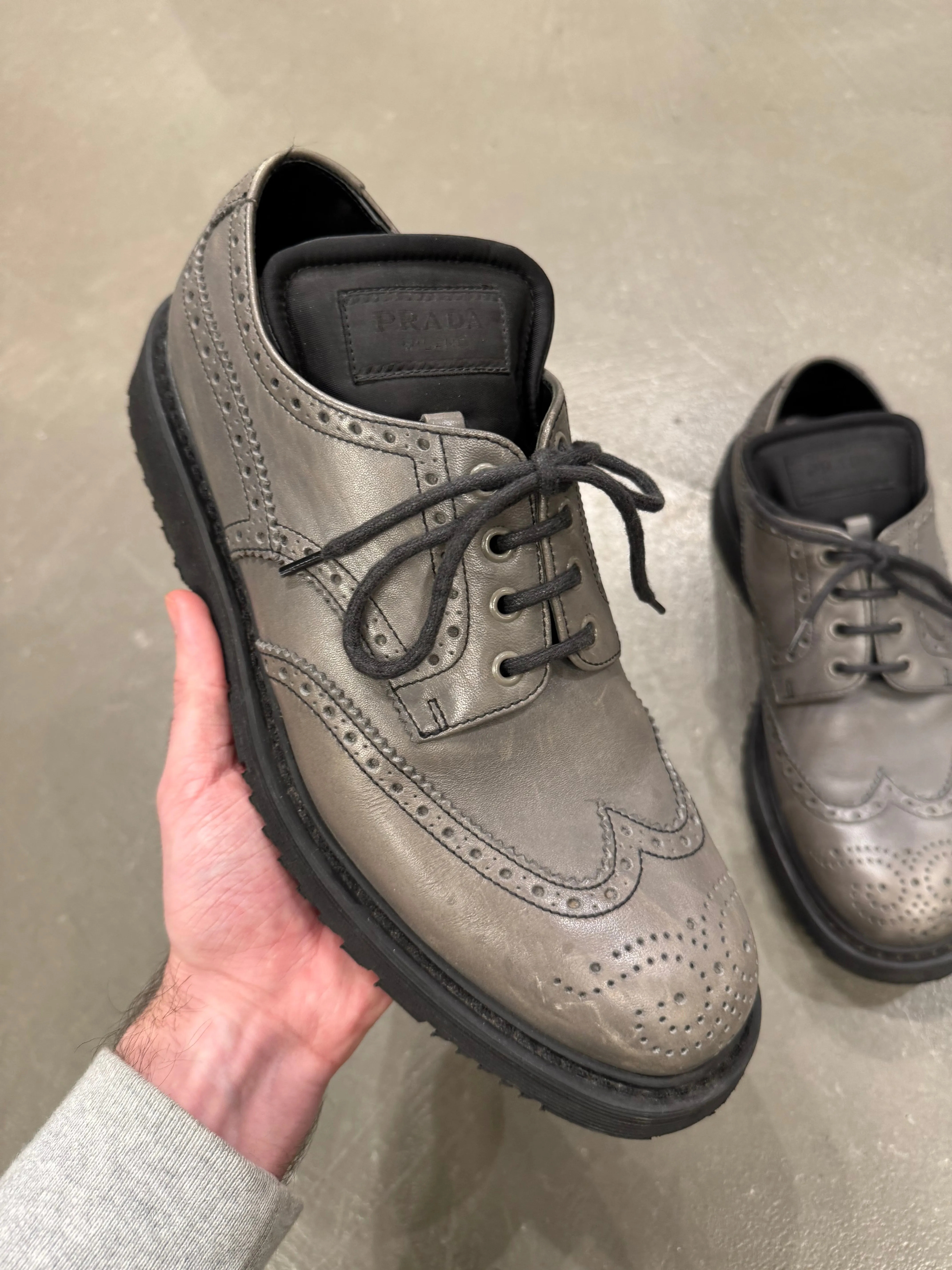 2000s Prada grey leather derby shoes