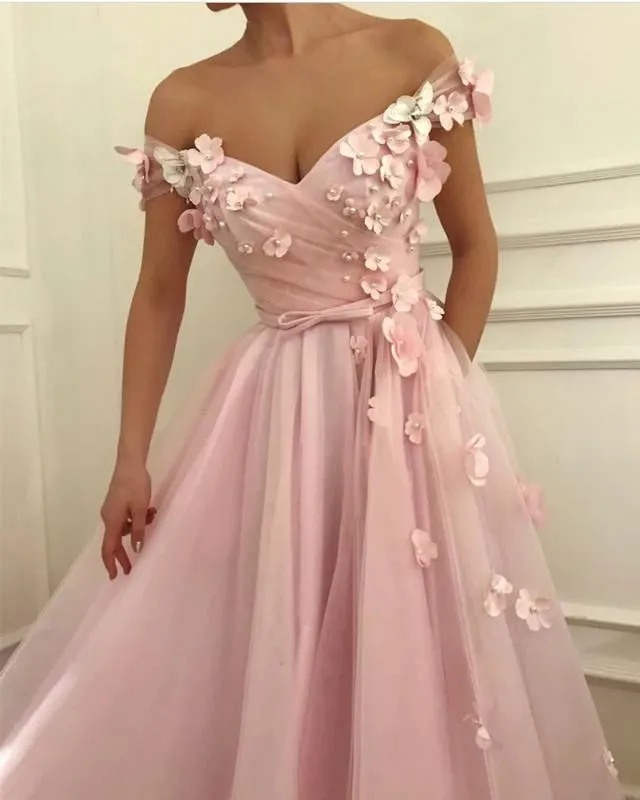 3D Flowers Pink Off Shoulder Prom Dresses A Line Evening Dresses