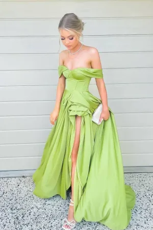 A Line Off the Shoulder Satin Long Prom Dress Simple Evening Dress OK1182