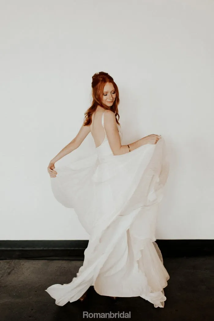 A-line Simple V-neck Backless Long Cheap Wedding Dresses, WD0436