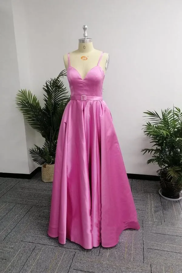 A-Line Spaghetti Straps Sweep Train Split Simple Prom Dress PG724