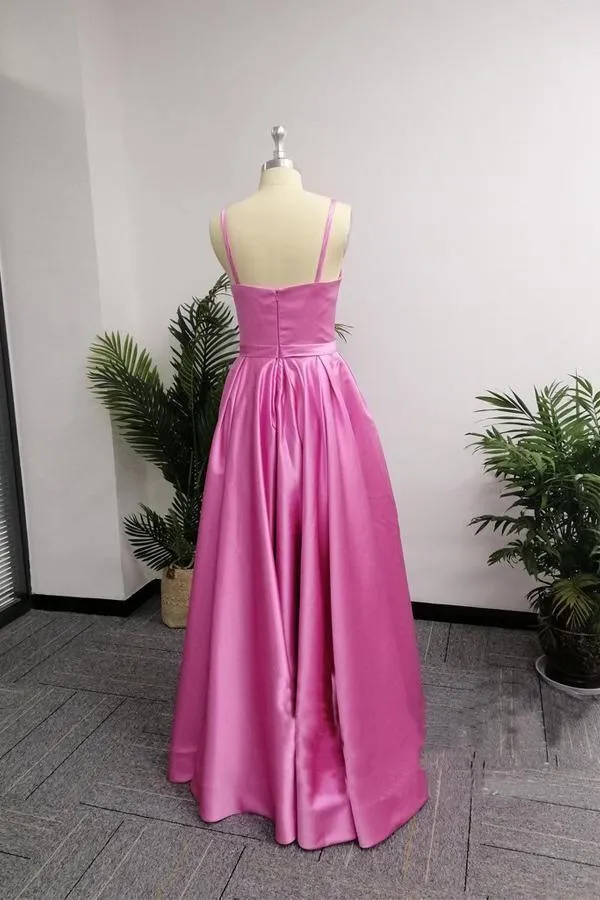A-Line Spaghetti Straps Sweep Train Split Simple Prom Dress PG724