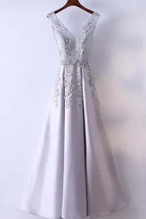 Anneprom Silver Prom Dress Simple Lace A-Line V-Neck Cheap Long Prom Dress APP0289