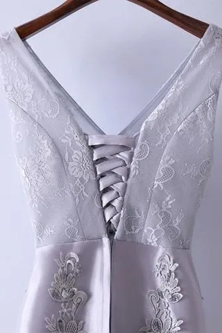 Anneprom Silver Prom Dress Simple Lace A-Line V-Neck Cheap Long Prom Dress APP0289
