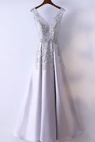 Anneprom Silver Prom Dress Simple Lace A-Line V-Neck Cheap Long Prom Dress APP0289