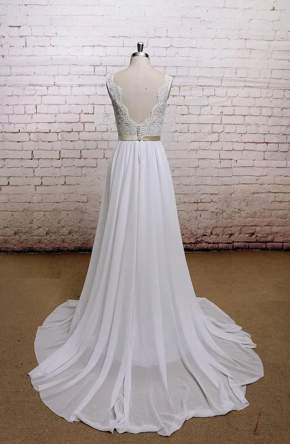 Backless V Neck Cap Sleeve Lace Simple Cheap Beach Wedding Dresses, WD323