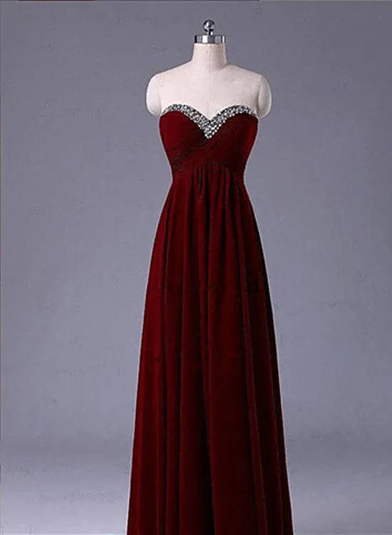 Beautiful Chiffon Sweetheart Beaded Burgundy Prom Dress, Simple Prom Dress