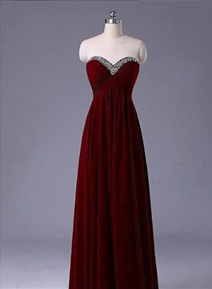 Beautiful Chiffon Sweetheart Beaded Burgundy Prom Dress, Simple Prom Dress