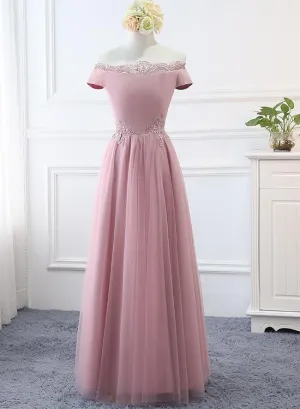 Beautiful Pink Off Shoulder Long Bridesmaid Dress, A-line Simple Prom Dress