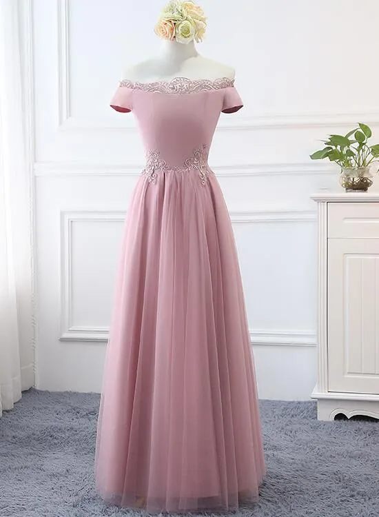 Beautiful Pink Off Shoulder Long Bridesmaid Dress, A-line Simple Prom Dress