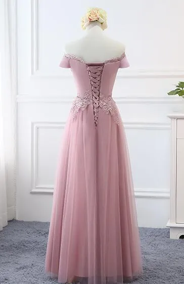 Beautiful Pink Off Shoulder Long Bridesmaid Dress, A-line Simple Prom Dress