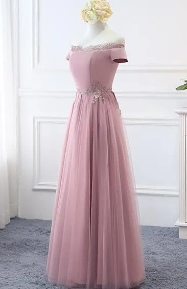Beautiful Pink Off Shoulder Long Bridesmaid Dress, A-line Simple Prom Dress