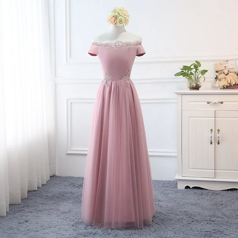 Beautiful Pink Off Shoulder Long Bridesmaid Dress, A-line Simple Prom Dress