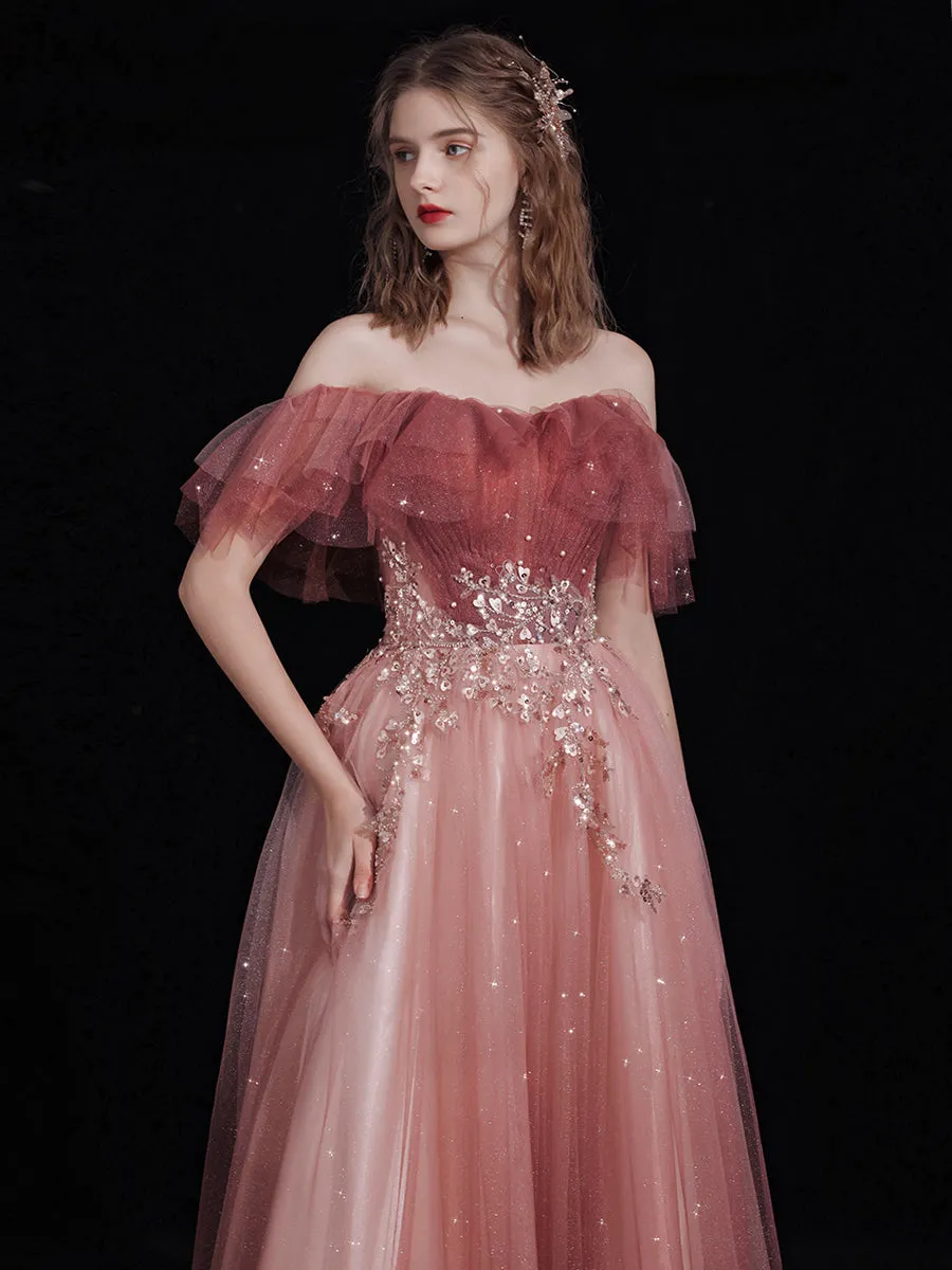 Beautiful Red Off Shoulder Long Party Dress with Lace, A-line Simple Prom Dress