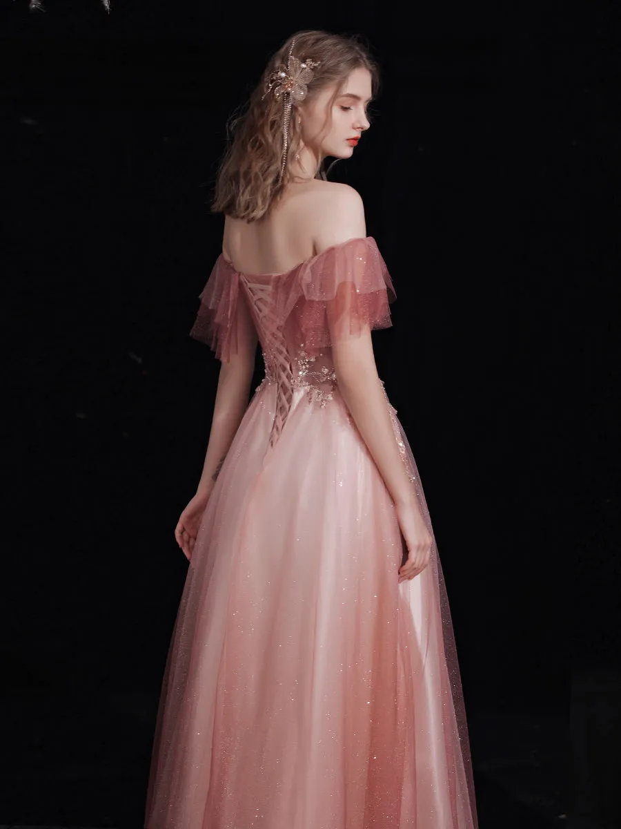 Beautiful Red Off Shoulder Long Party Dress with Lace, A-line Simple Prom Dress