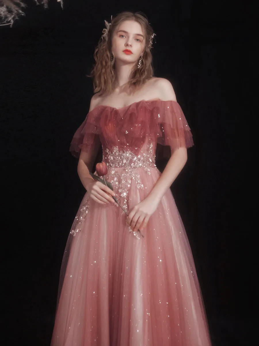 Beautiful Red Off Shoulder Long Party Dress with Lace, A-line Simple Prom Dress
