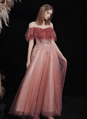 Beautiful Red Off Shoulder Long Party Dress with Lace, A-line Simple Prom Dress