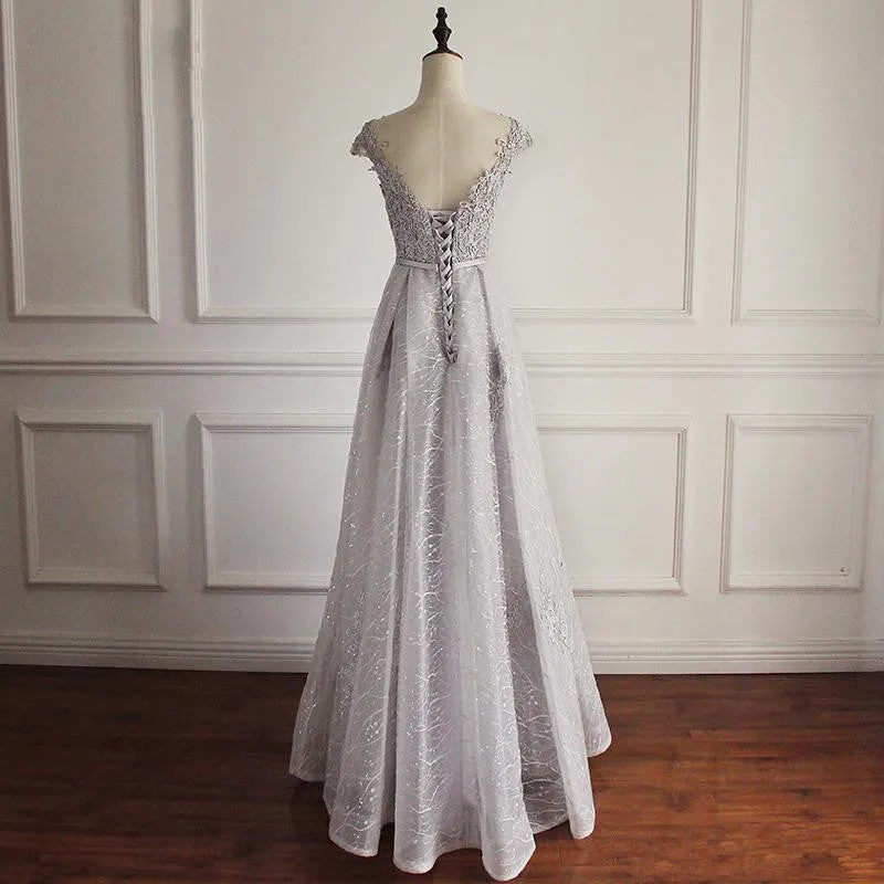 Beautiful Sliver Grey Tulle Lace A-line Simple Prom Dress, Long Cap Sleeves Party Dress