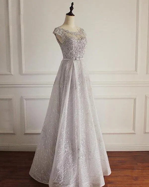 Beautiful Sliver Grey Tulle Lace A-line Simple Prom Dress, Long Cap Sleeves Party Dress