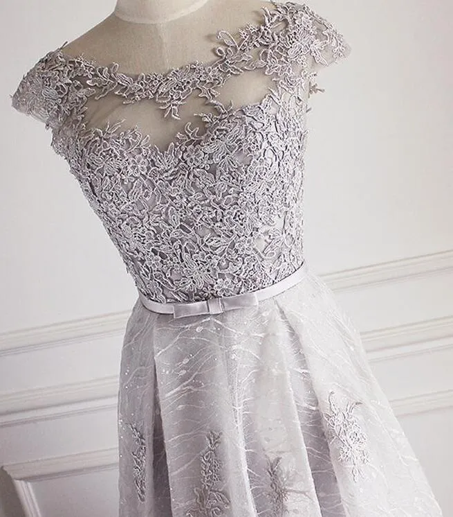 Beautiful Sliver Grey Tulle Lace A-line Simple Prom Dress, Long Cap Sleeves Party Dress
