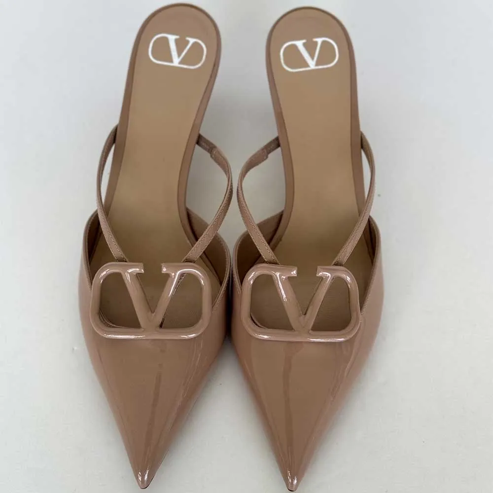 Beige Patent V Logo Mules