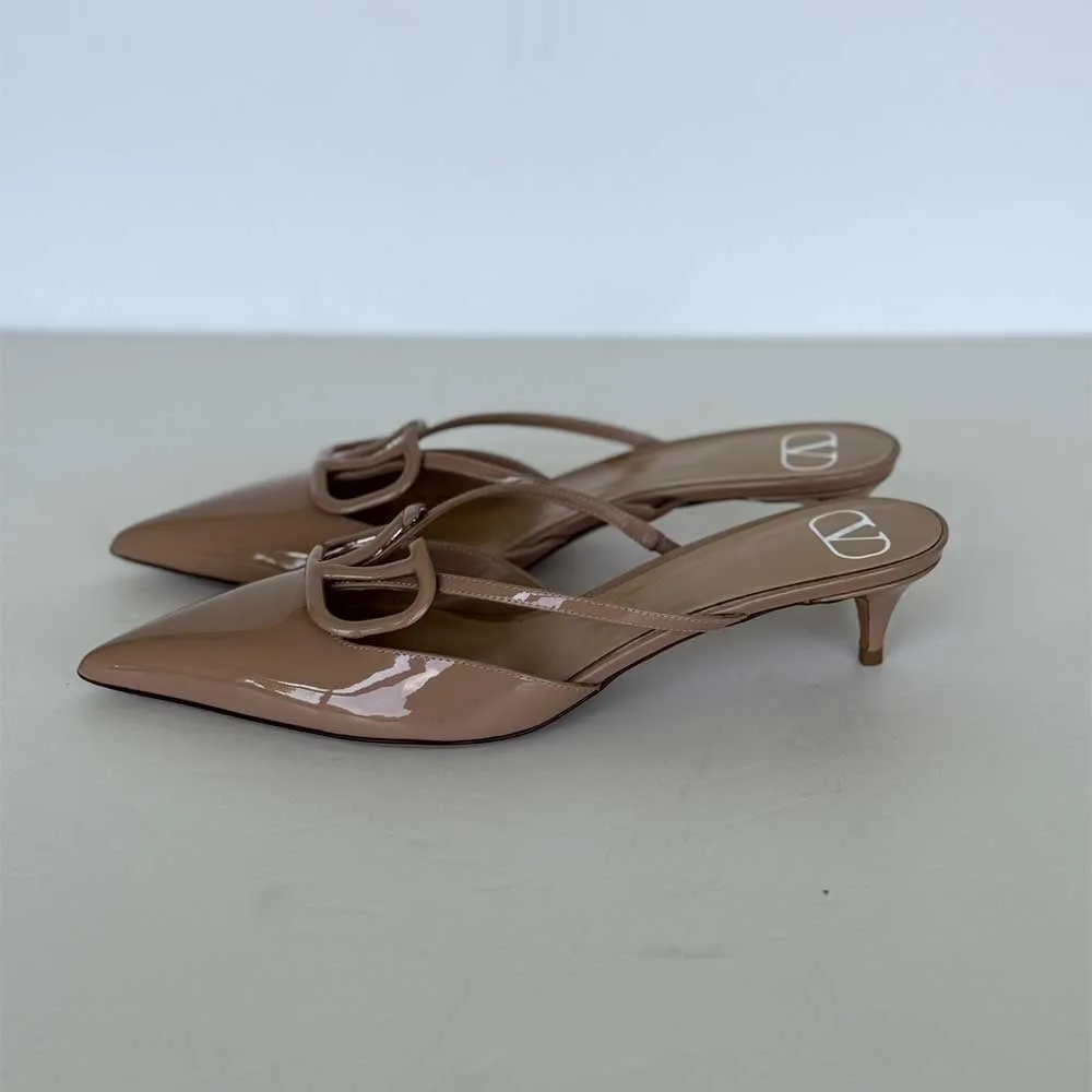 Beige Patent V Logo Mules