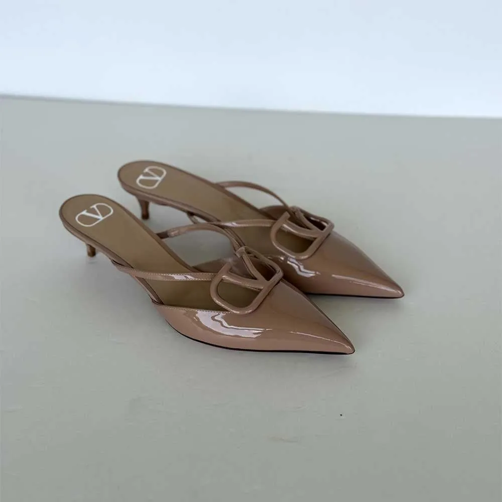 Beige Patent V Logo Mules