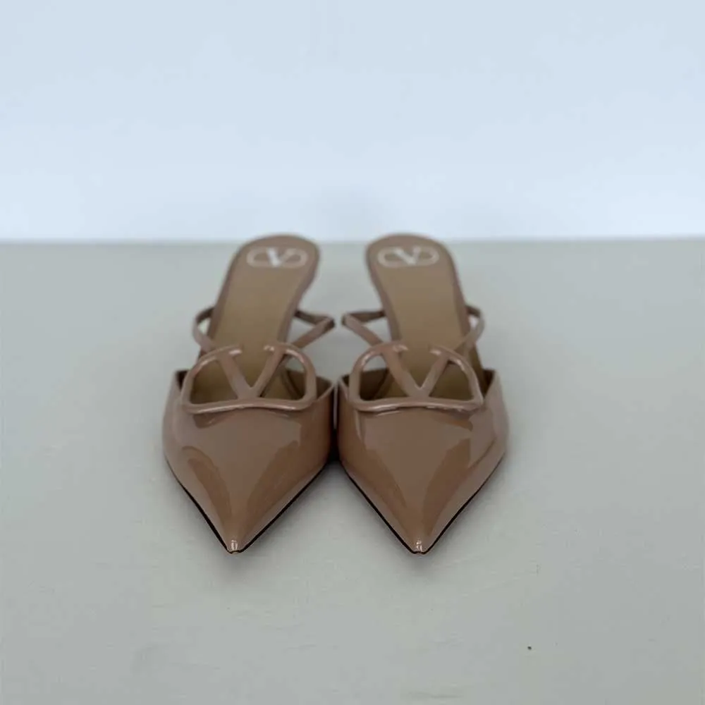 Beige Patent V Logo Mules
