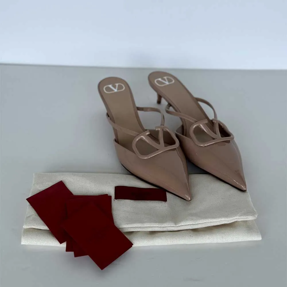 Beige Patent V Logo Mules
