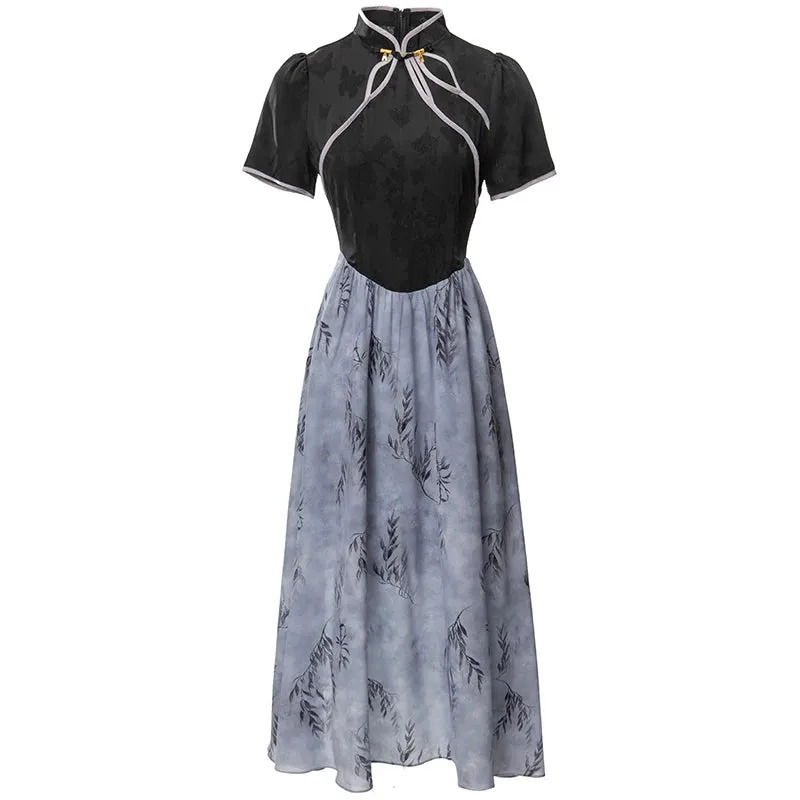 Bernadette Stand-Neck Short Sleeved Button Leaf Printing Casual  Dress