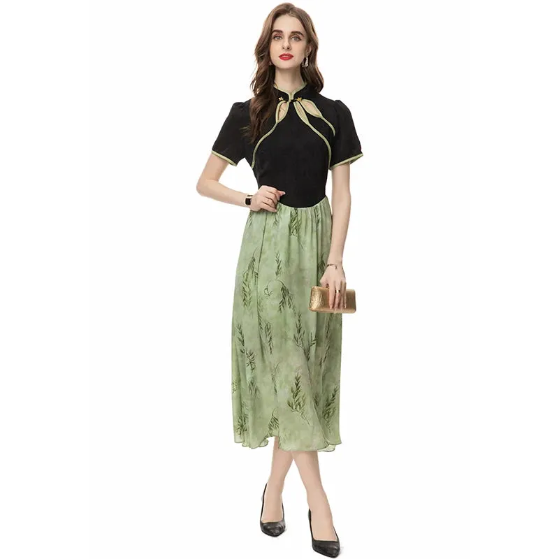 Bernadette Stand-Neck Short Sleeved Button Leaf Printing Casual  Dress