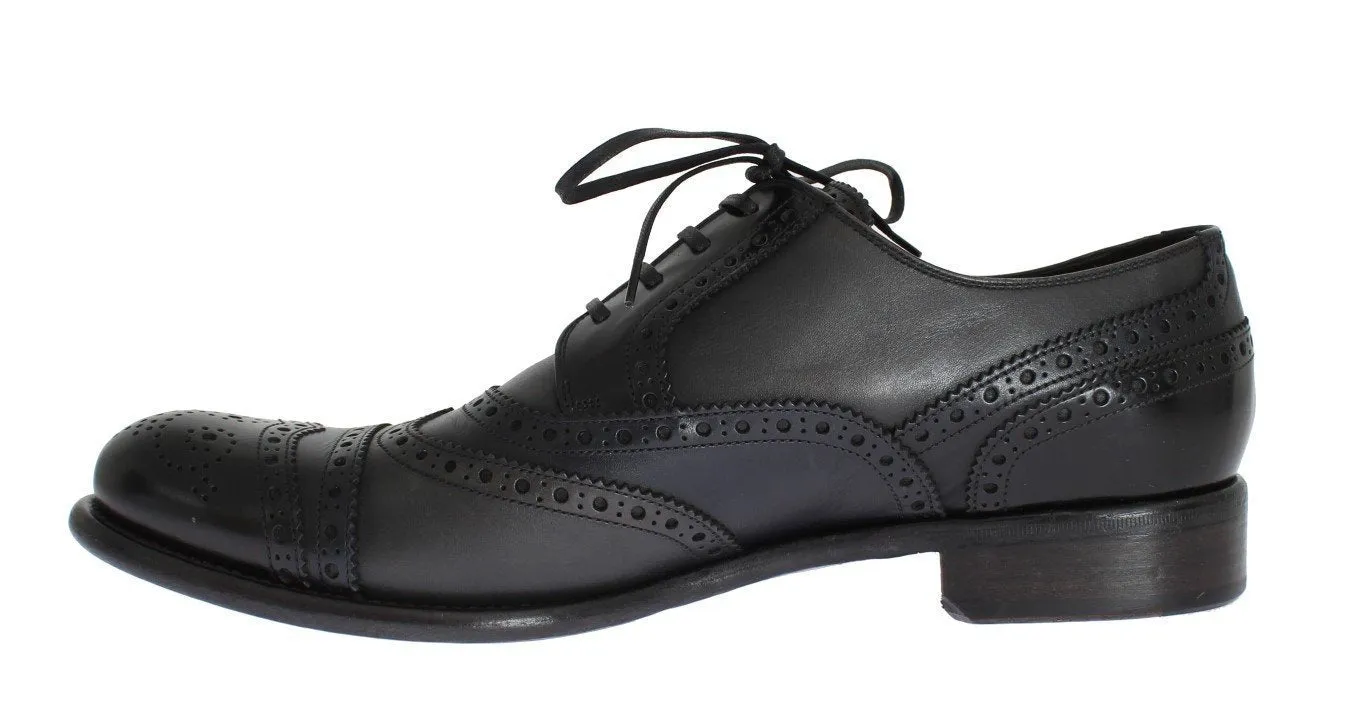 Black Blue Leather Oxford Wingtip Shoes