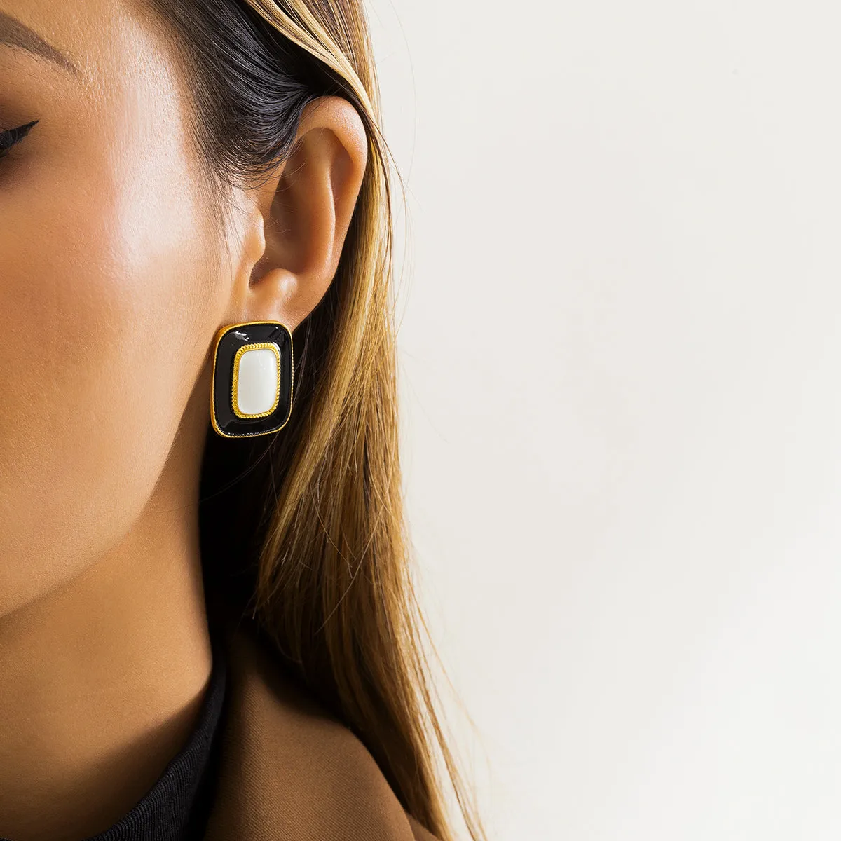Black Enamel & 18K Gold-Plated Rectangle Stud Earrings