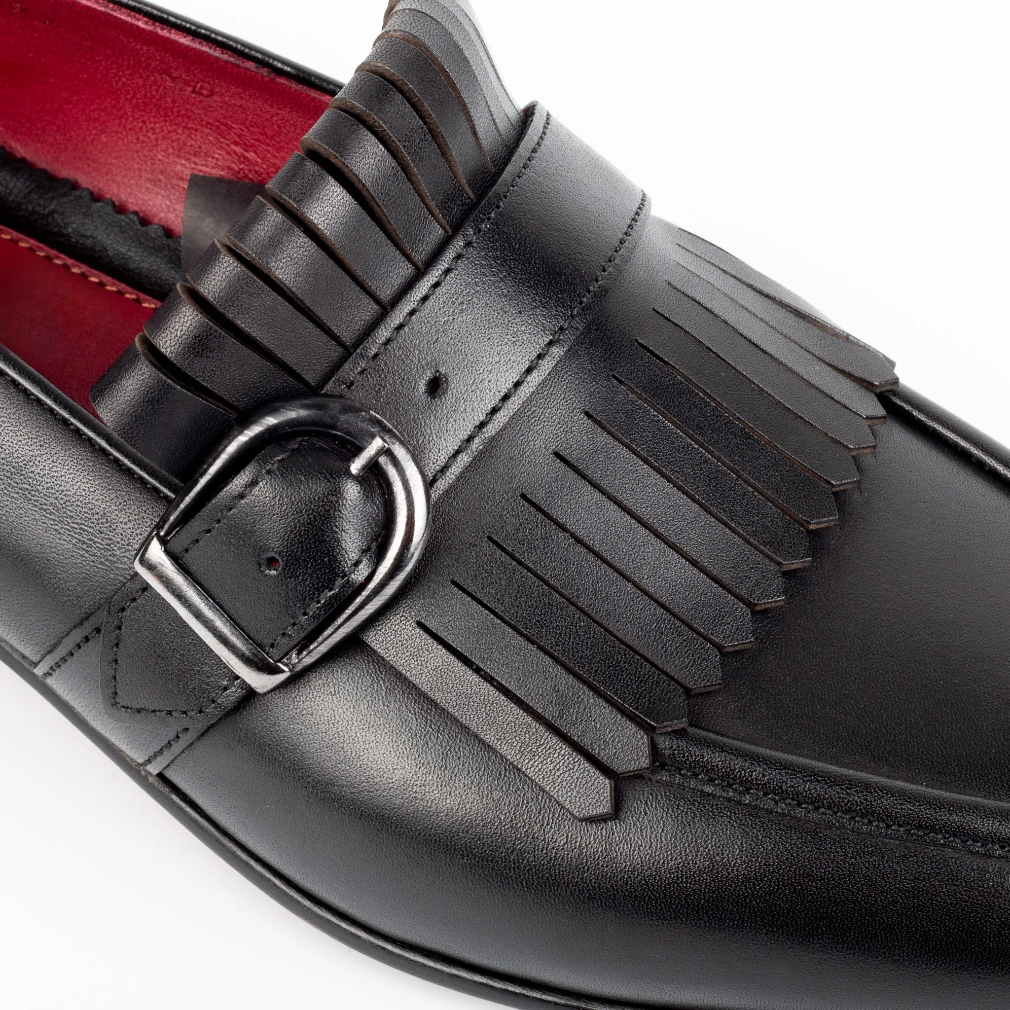 Black Italian Leather Lysandra Tassel Loafers With Monk Strap - Loafers Shoes