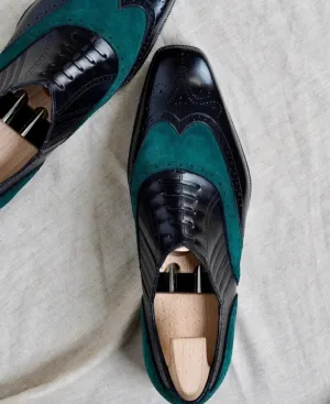 Black Leather and Blue Suede Cedara Brogue Wingtip Oxfords - Formal Shoes