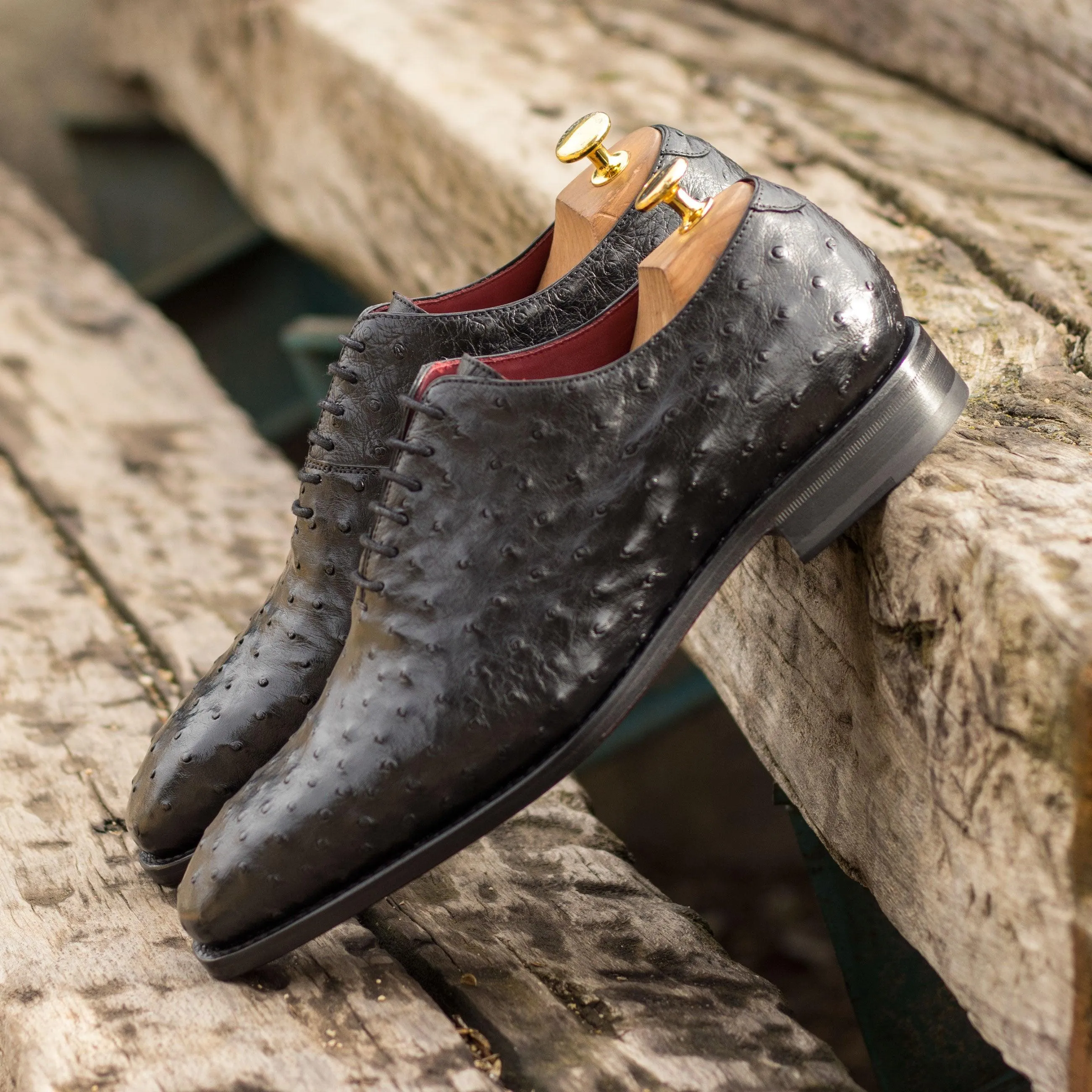 Black Ostrich Wholecut Shoes