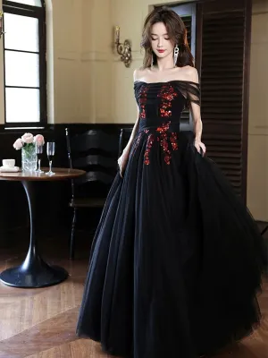 Black Tulle A-line Simple Long Party Dress with Lace, Black Off Shoulder Prom Dress