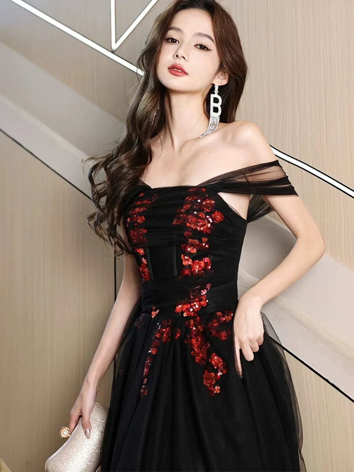 Black Tulle A-line Simple Long Party Dress with Lace, Black Off Shoulder Prom Dress
