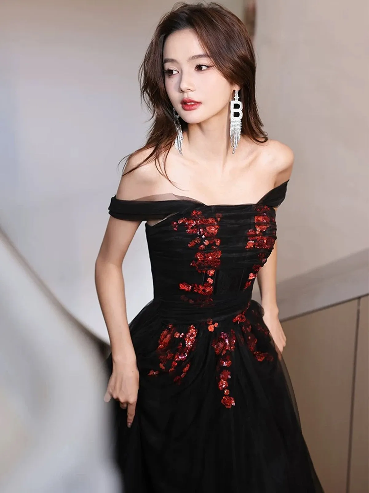 Black Tulle A-line Simple Long Party Dress with Lace, Black Off Shoulder Prom Dress