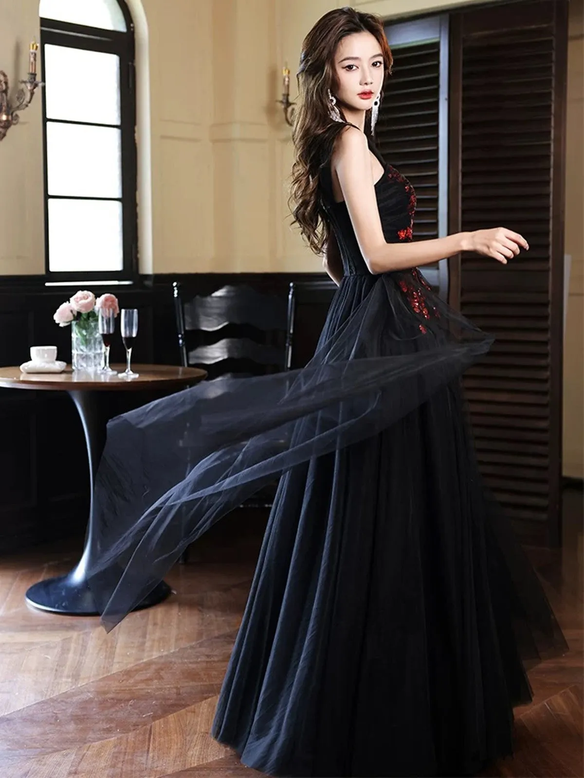 Black Tulle A-line Simple Long Party Dress with Lace, Black Off Shoulder Prom Dress
