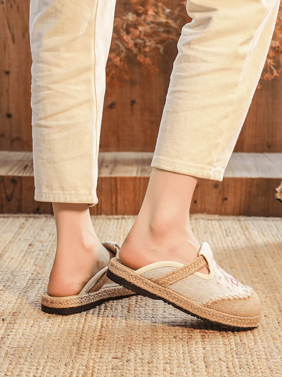 Blossom Wheat Embroidered Linen Mule - Beige