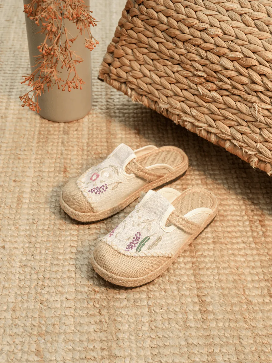 Blossom Wheat Embroidered Linen Mule - Beige
