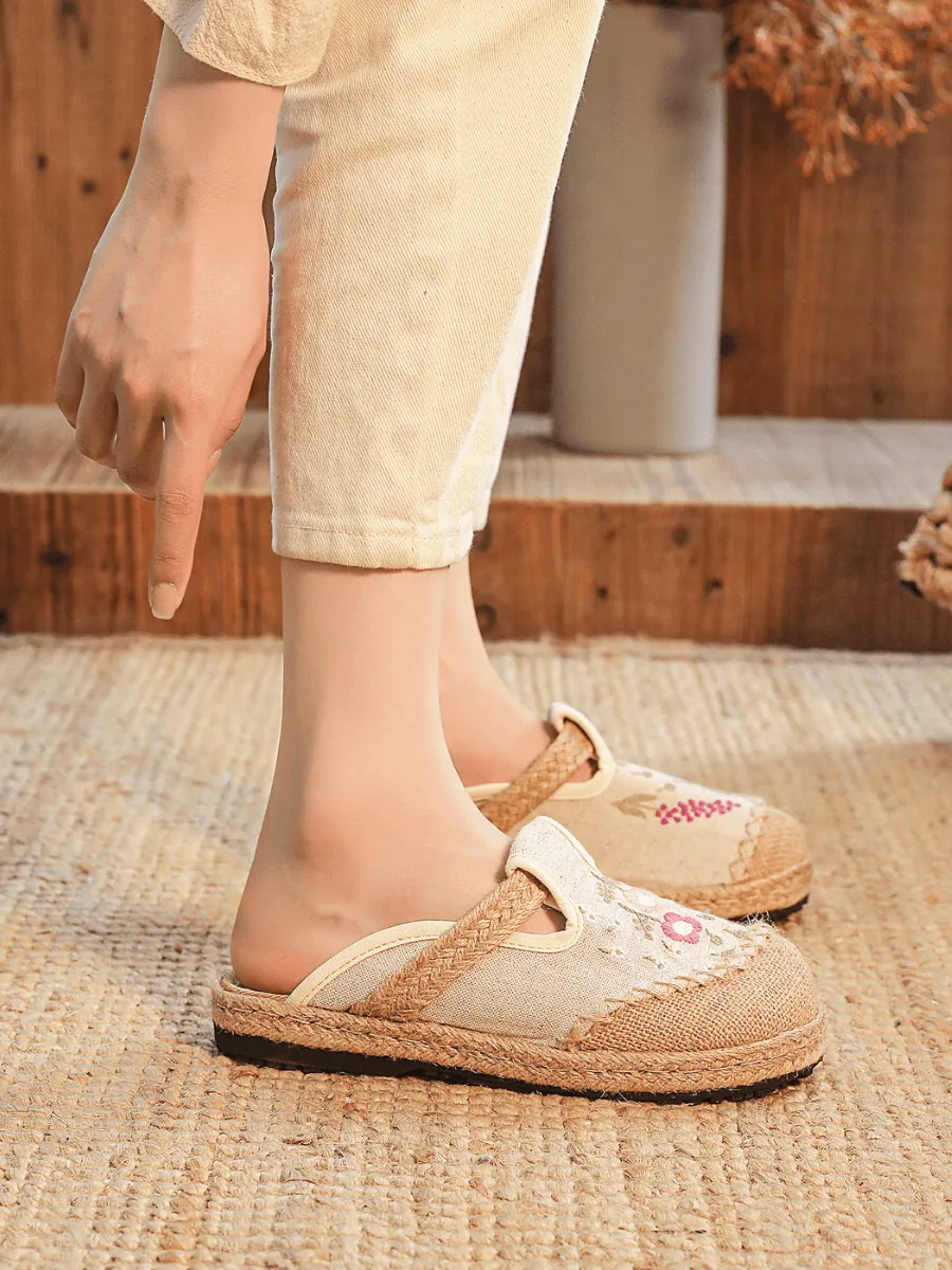 Blossom Wheat Embroidered Linen Mule - Beige