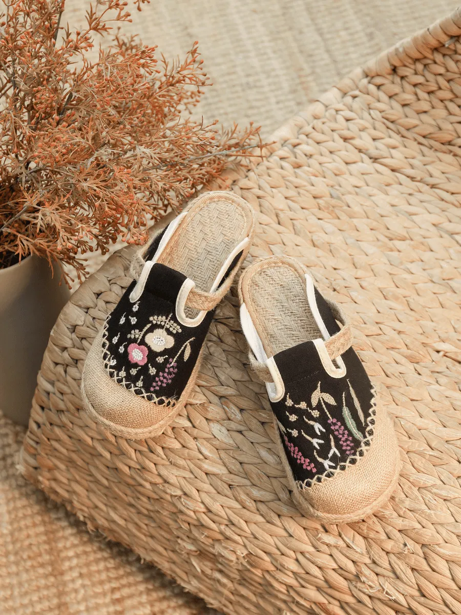 Blossom Wheat Embroidered Linen Mule - Black