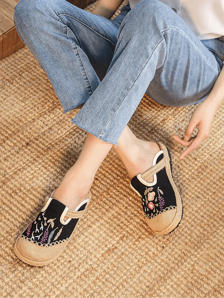 Blossom Wheat Embroidered Linen Mule - Black