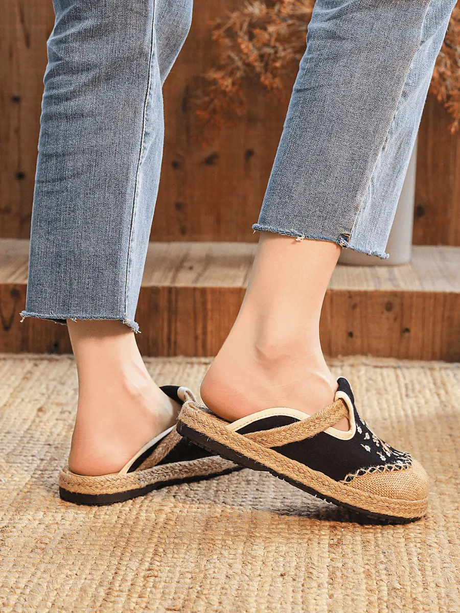 Blossom Wheat Embroidered Linen Mule - Black