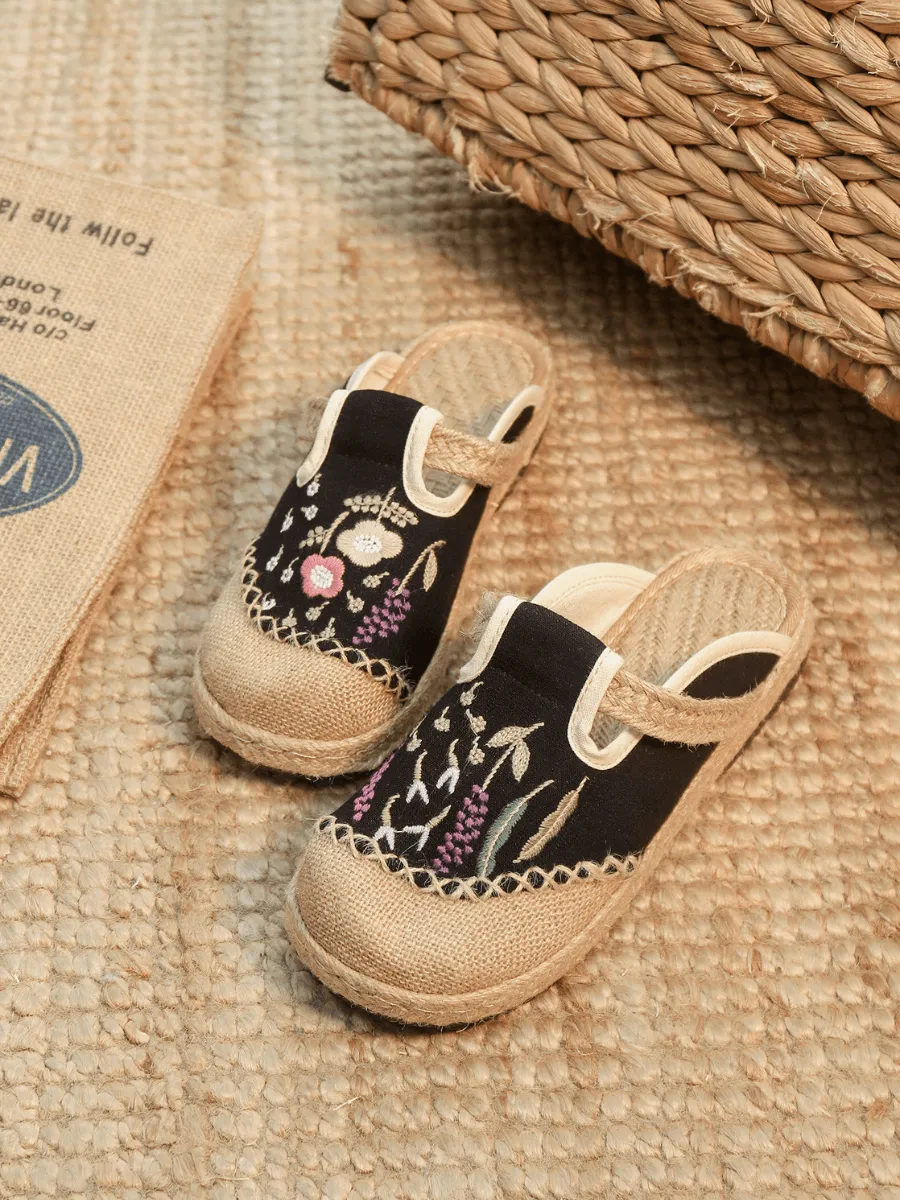 Blossom Wheat Embroidered Linen Mule - Black