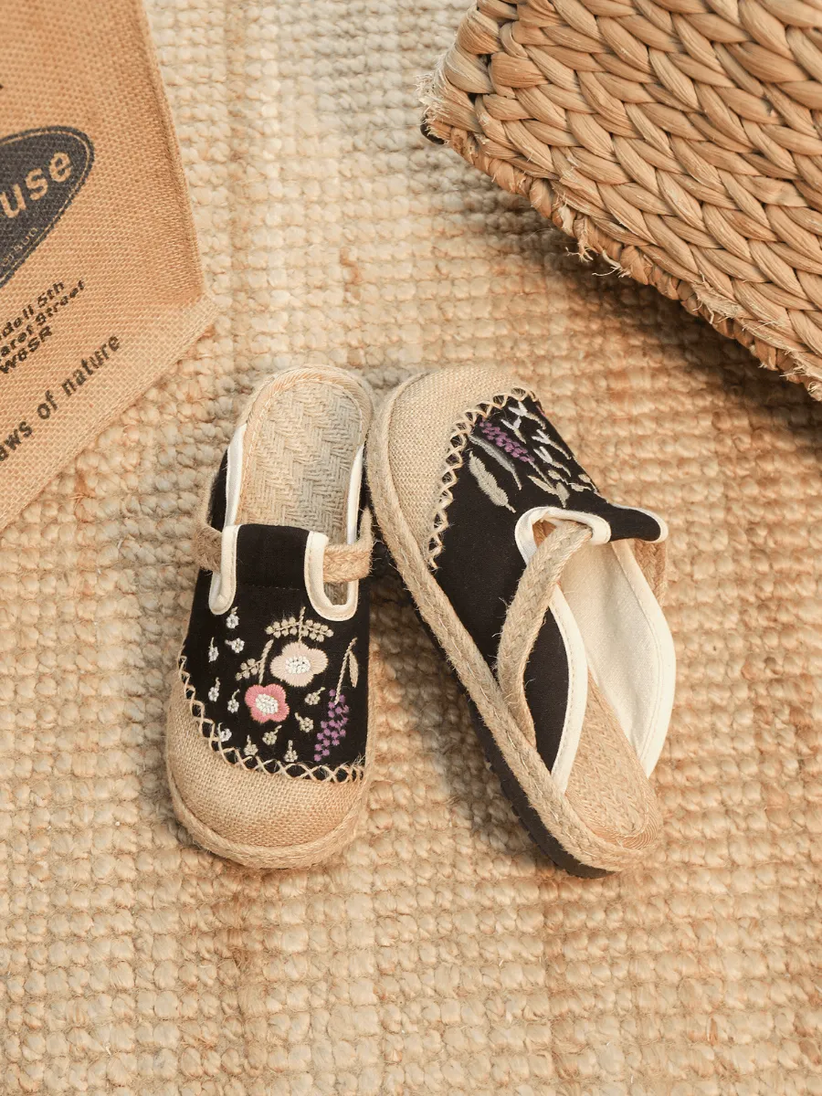Blossom Wheat Embroidered Linen Mule - Black
