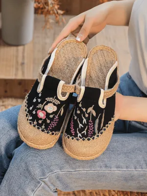 Blossom Wheat Embroidered Linen Mule - Black