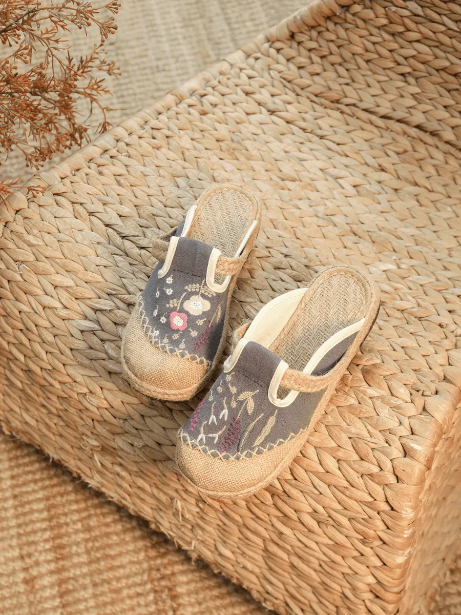Blossom Wheat Embroidered Linen Mule - Grey